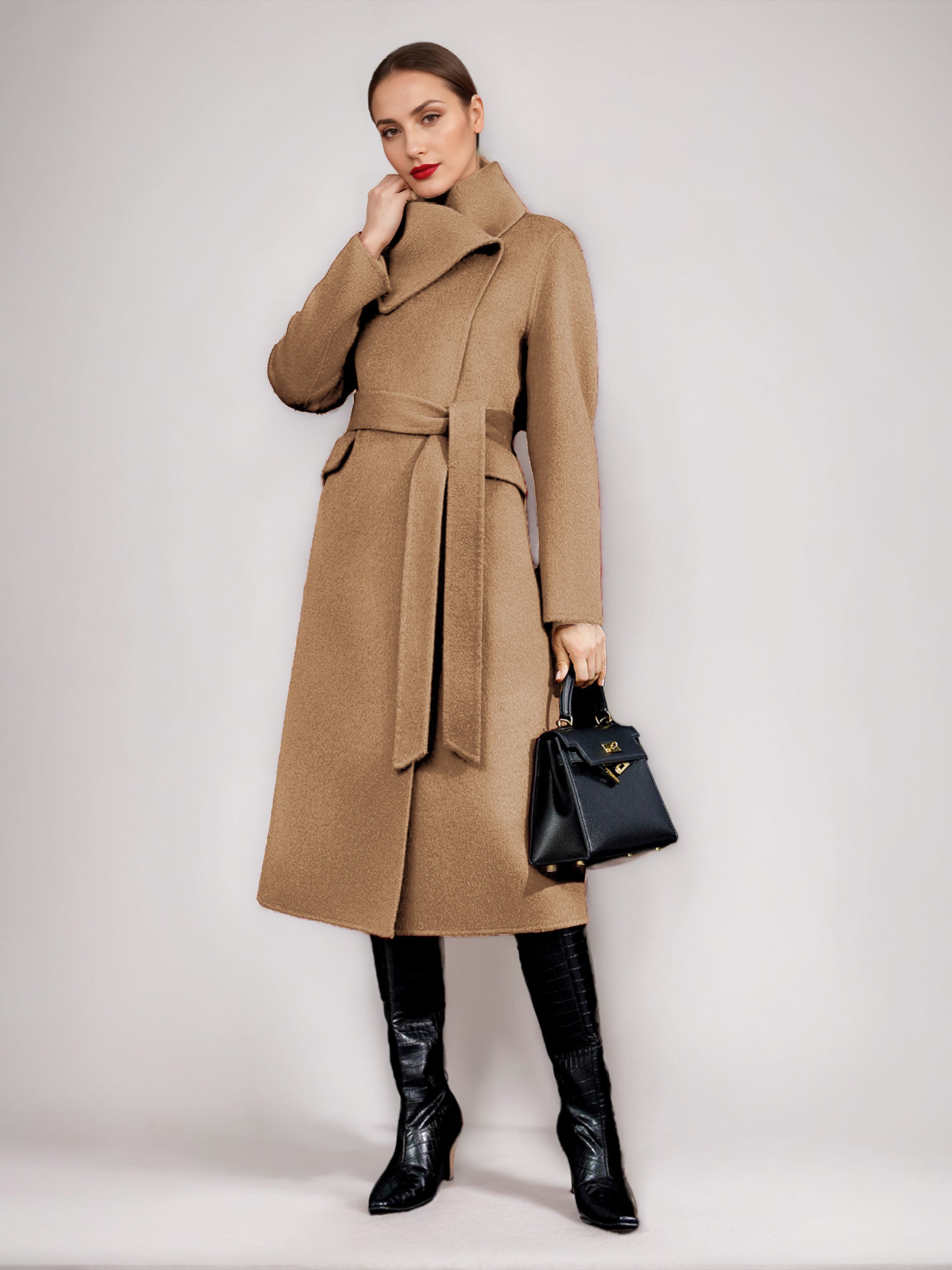 Wool Cashmere Blend Coat For Woman Winter Red Belted Double-Faced Wrap Outerwear 2026