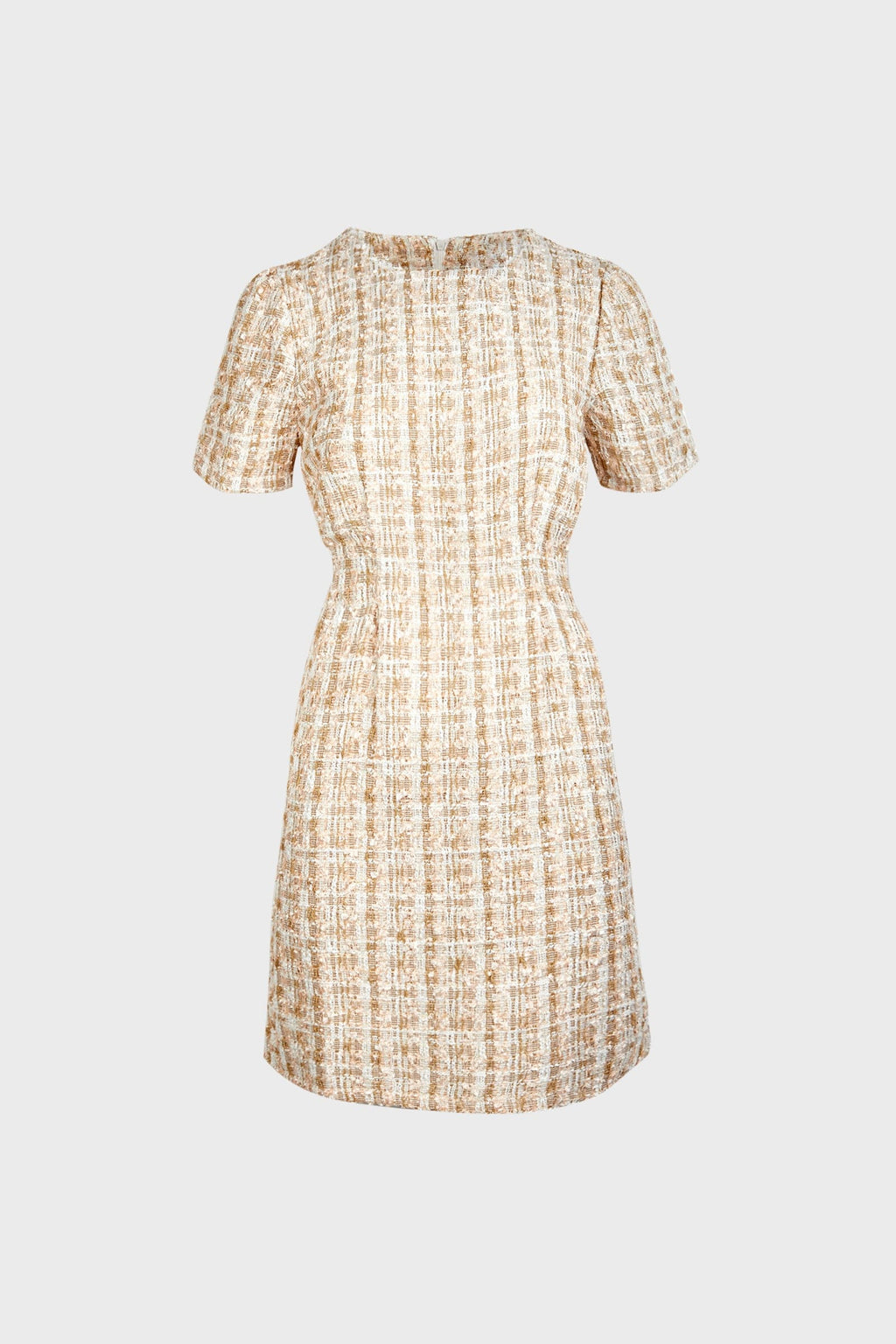 Tweed Grid Pattern Short Sleeve Crew Neck A-Line Mini Dress