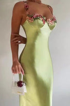 Satin Bustier Floral Applique Spaghetti Strap Slip Midi Dress