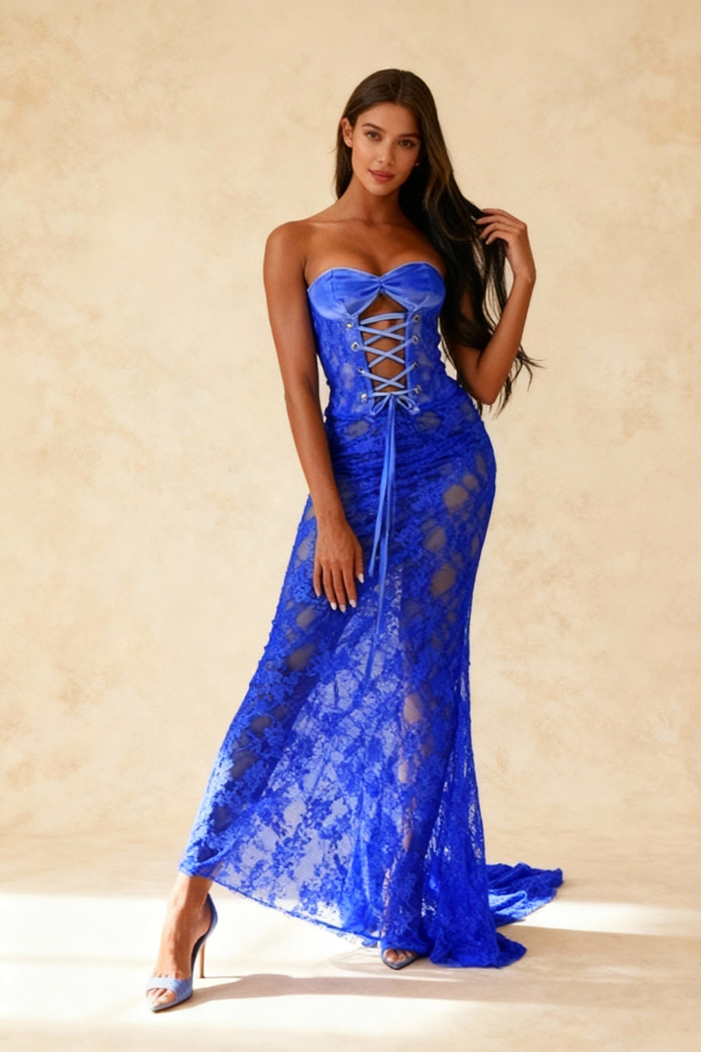 Velvet Sweetheart Lace Up Cut Out Sheer Lace High Split Maxi Dress