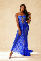 Velvet Sweetheart Lace Up Cut Out Sheer Lace High Split Maxi Dress