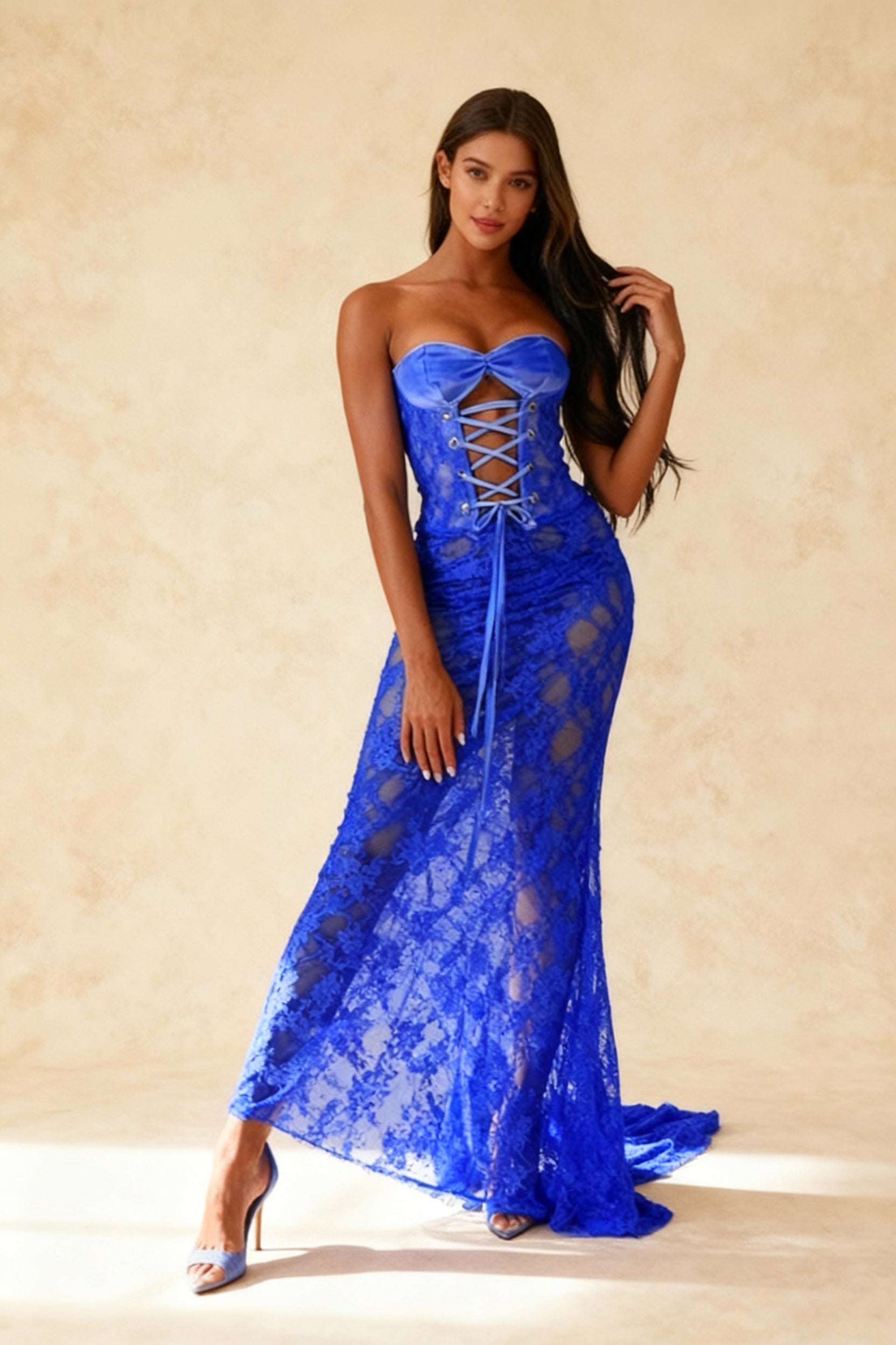 Velvet Sweetheart Lace Up Cut Out Sheer Lace High Split Maxi Dress