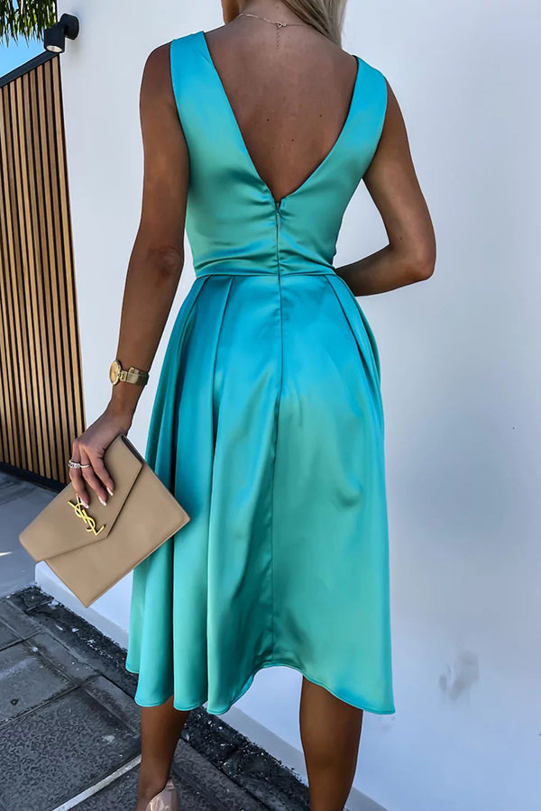 Satin Wrap V-Neck Ruched Waist Fit and Flare Midi Dress