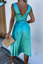 Satin Wrap V-Neck Ruched Waist Fit and Flare Midi Dress