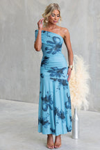 Floral Print One-Shoulder Ruched Maxi Dress