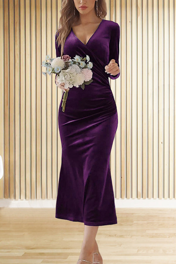 Velvet Wrap Deep V-Neck Ruched Side Long Sleeve Maxi Dress