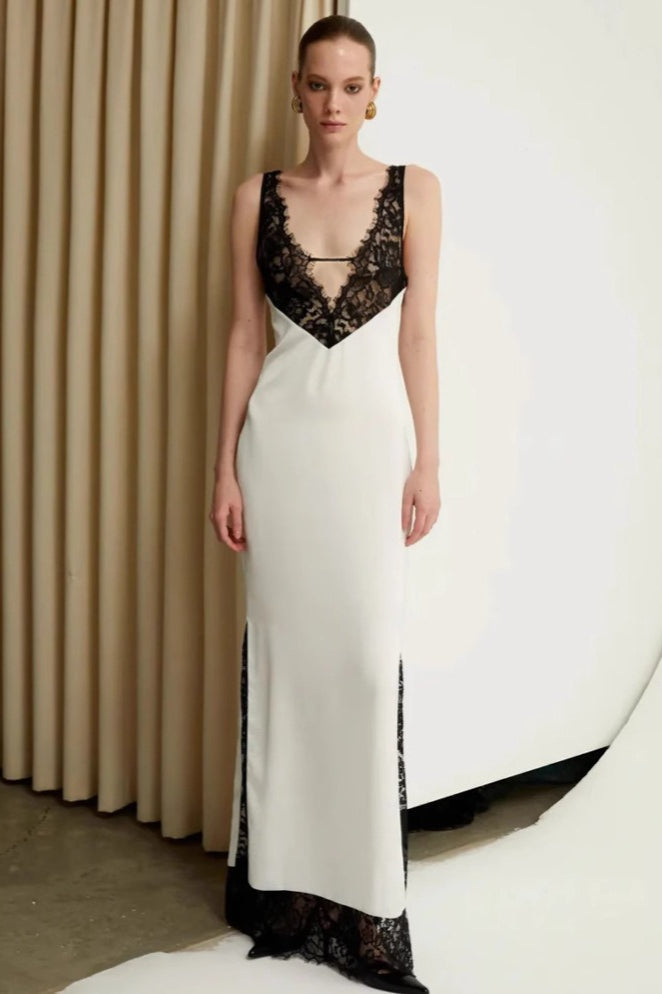 Floral Lace Deep V-Neck Wide Strap Lace Panel Slit Maxi Dress
