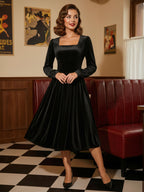 Vintage Glamour Dress 1950s Black Long Sleeves Square Neck Rockabilly Dress