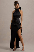 Satin Mock Neck Halter Bow Back Ruched High Split Maxi Gown