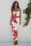 Square Neck Spaghetti Strap Oversized Lily Floral Placement Print Bodycon Maxi Dress
