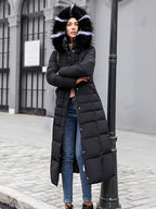 Women Coat Belted Removable Faux Fur Collar Hooded Full Length Winter Coat