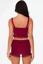 Fashion Snap Button Cami Top Slim Ruffle Shorts Skirt Set