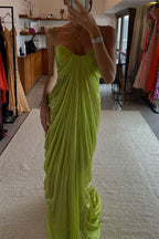 Victoria Shimmering and Flowing Pleated Fabric Back Lace-up Drape Maxi Dress