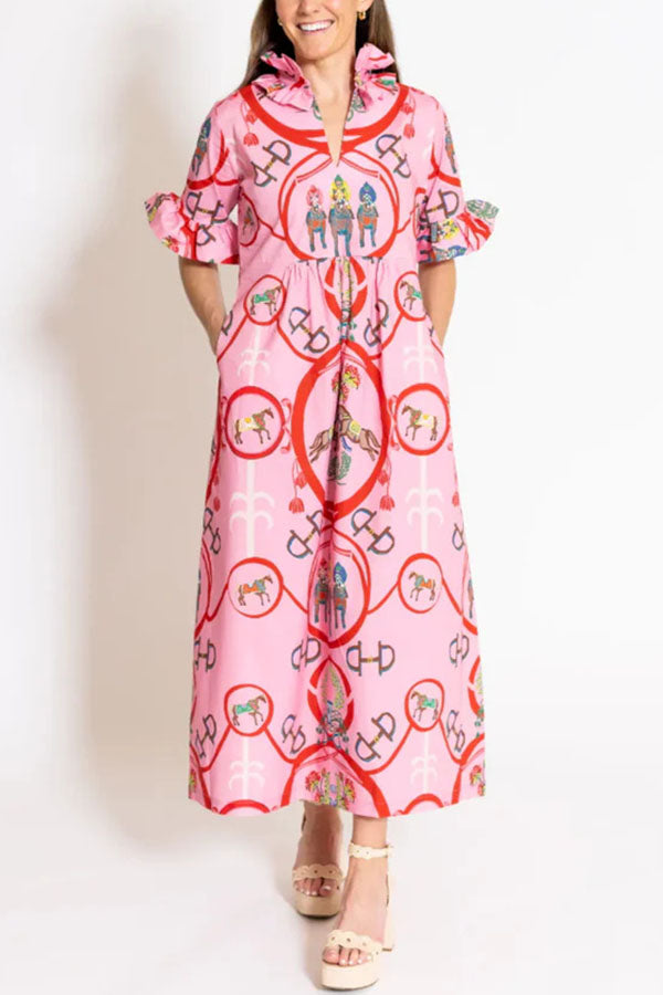 Churchill Social Playful Warhorse Print Stand Neck Ruffle Sleeve Belted Pocket Caftan Midi Dress