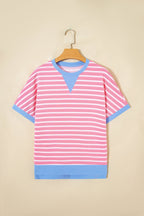 Pink Stripe Contrast Trim Loose Short Sleeve Top