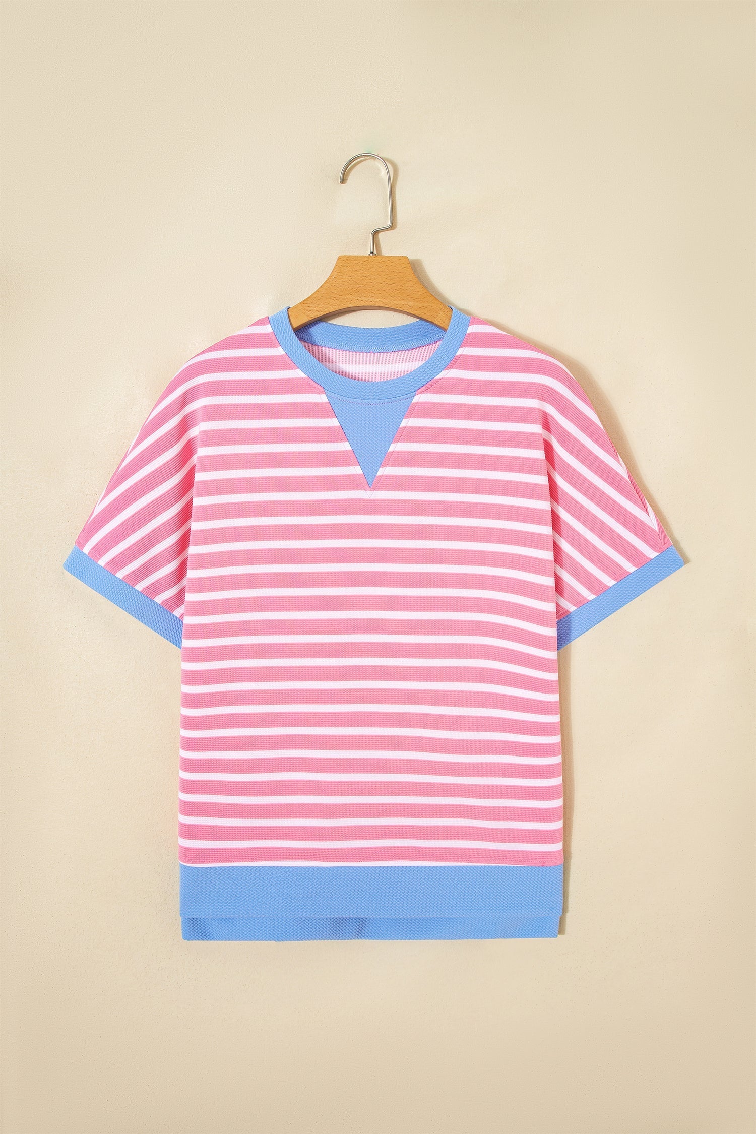 Pink Stripe Contrast Trim Loose Short Sleeve Top
