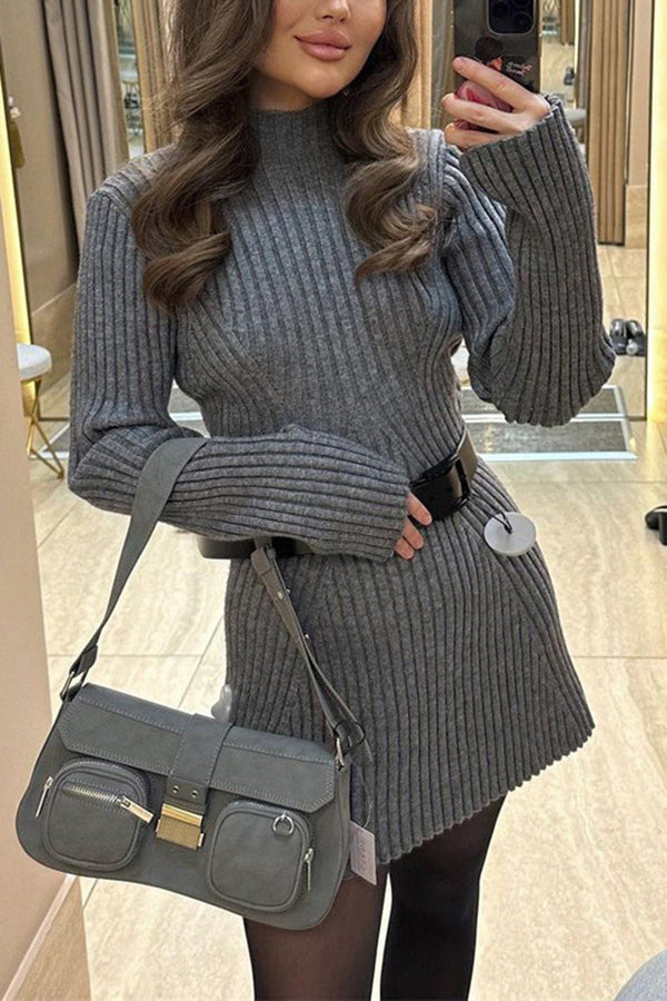 Rib Knit Mock Neck Long Sleeve Belted Bodycon Mini Dress