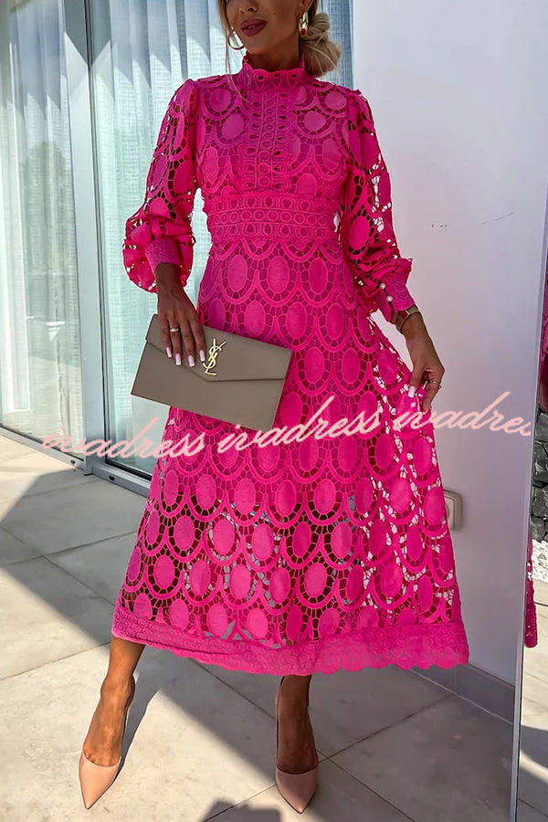 Romantic, Sensual and Elegant Crochet Lace Lantern Sleeve Party Midi Dress