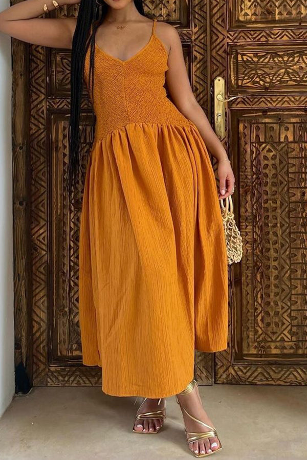 Smocked Bodice Crinkle Texture Spaghetti Strap V-Neck Maxi Dress