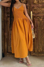 Smocked Bodice Crinkle Texture Spaghetti Strap V-Neck Maxi Dress