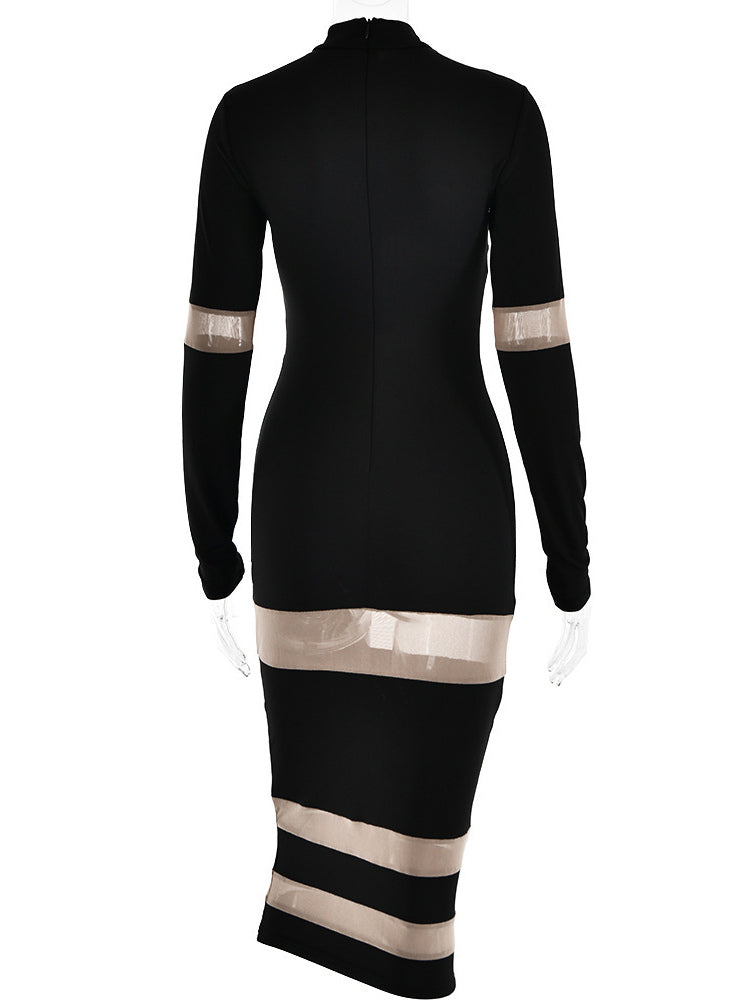Mesh Patchwork Dress Long Sleeves See Through Party Bodycon Dresses