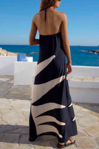 Stylish Color-blocked Print Halter Neck Backless Casual Vacation Maxi Dress