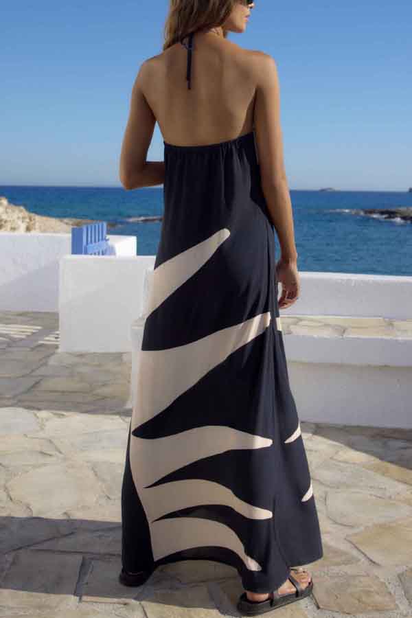 Stylish Color-blocked Print Halter Neck Backless Casual Vacation Maxi Dress