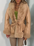 PU Leather Women's Leather Jacket With Large Fur Collar, Belted Waist, And Fitted Design; Long-sleeved Coat.