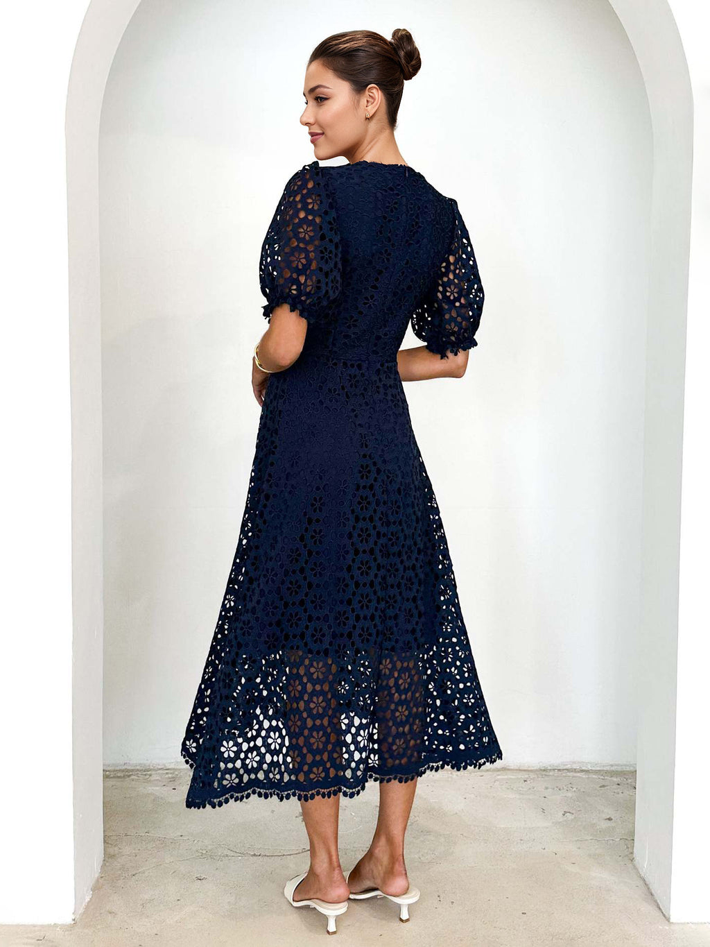 Lace Dress V-neck Puff Sleeve A-line Midi Dress For Women 2026