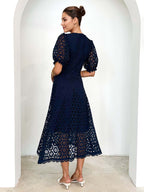 Lace Dress V-neck Puff Sleeve A-line Midi Dress For Women 2026