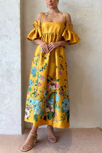 Floral Print Cold Shoulder Ruffle Sleeve Empire Waist Pocket Midi Dress