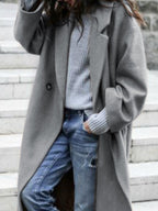 Solid Woolen Lapel Neck Long Jacket