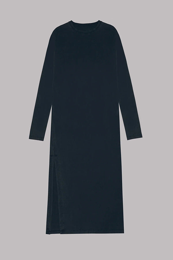 Round Neck Long Sleeve Relaxed Side Slit Maxi Dress