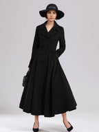 Wool Blend Flared Coat For Women Dark Navy Double-breasted Wide Lapel A-line Winter Outerwear 2026