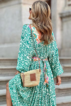 Ikat Print Deep V-Neck Bell Sleeve Tie Back Maxi Dress