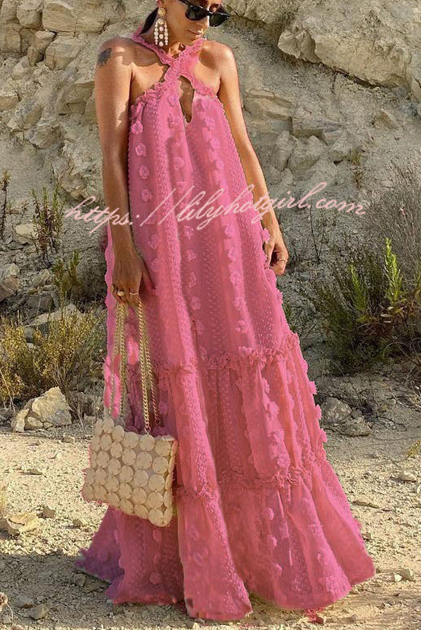 3D Floral Applique Halter Keyhole Tiered Maxi Dress