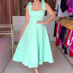 Bow Shoulder Square Neck High Waist Pleated A-Line Midi Dress