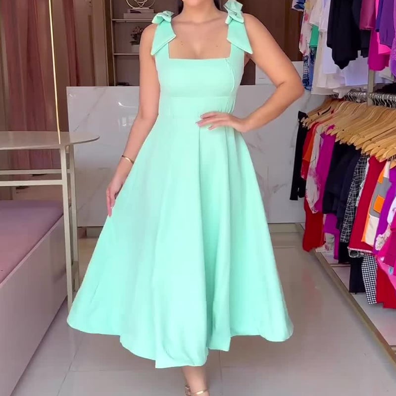Bow Shoulder Square Neck High Waist Pleated A-Line Midi Dress