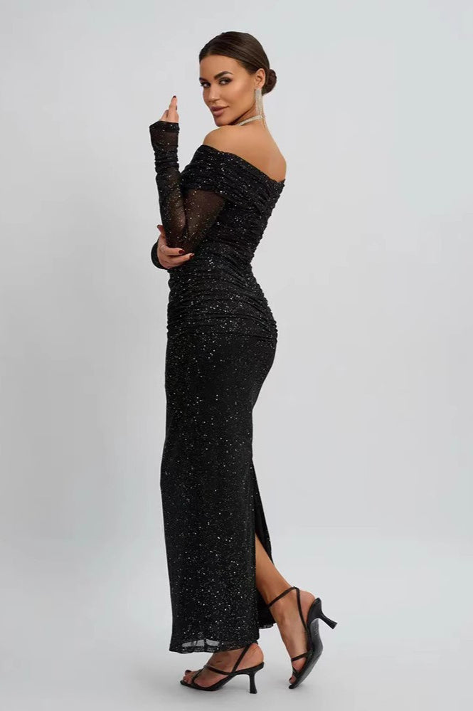 Black Strapless Mesh Long Sleeve Maxi Dress