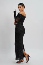 Black Strapless Mesh Long Sleeve Maxi Dress