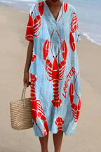Lobster Graphic Oversized V-Neck Short Sleeve Linen Shift Midi Dress