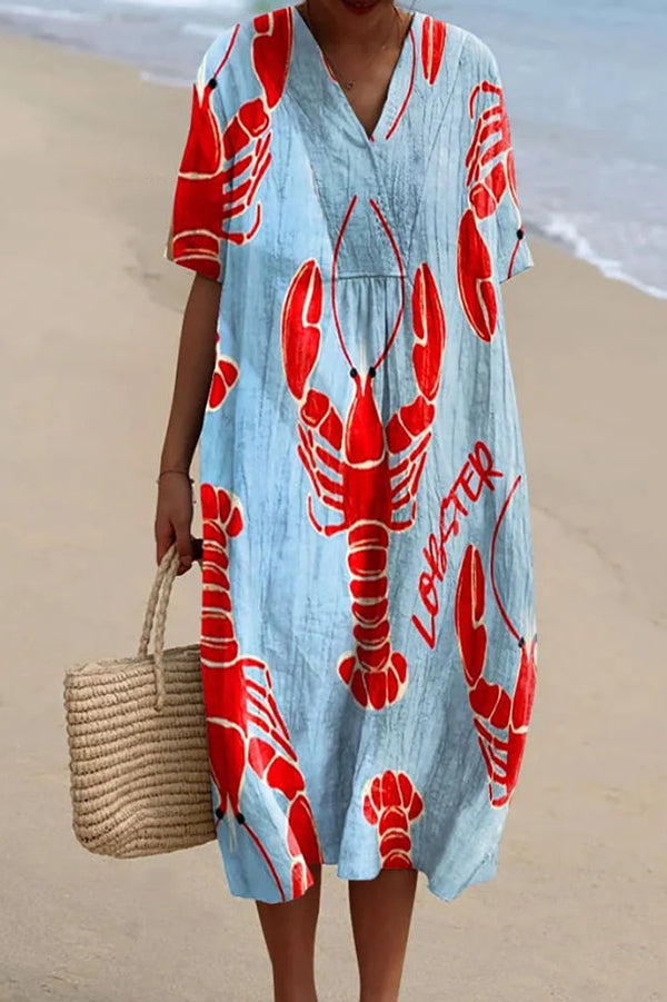 Lobster Graphic Oversized V-Neck Short Sleeve Linen Shift Midi Dress