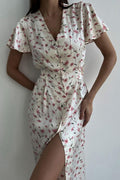 V Neck Tie Waist Short Sleeve Shirt Floral Dress