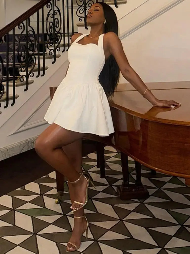 Halter Neck Corset Waist Fit and Flare Basque Waist Mini Dress