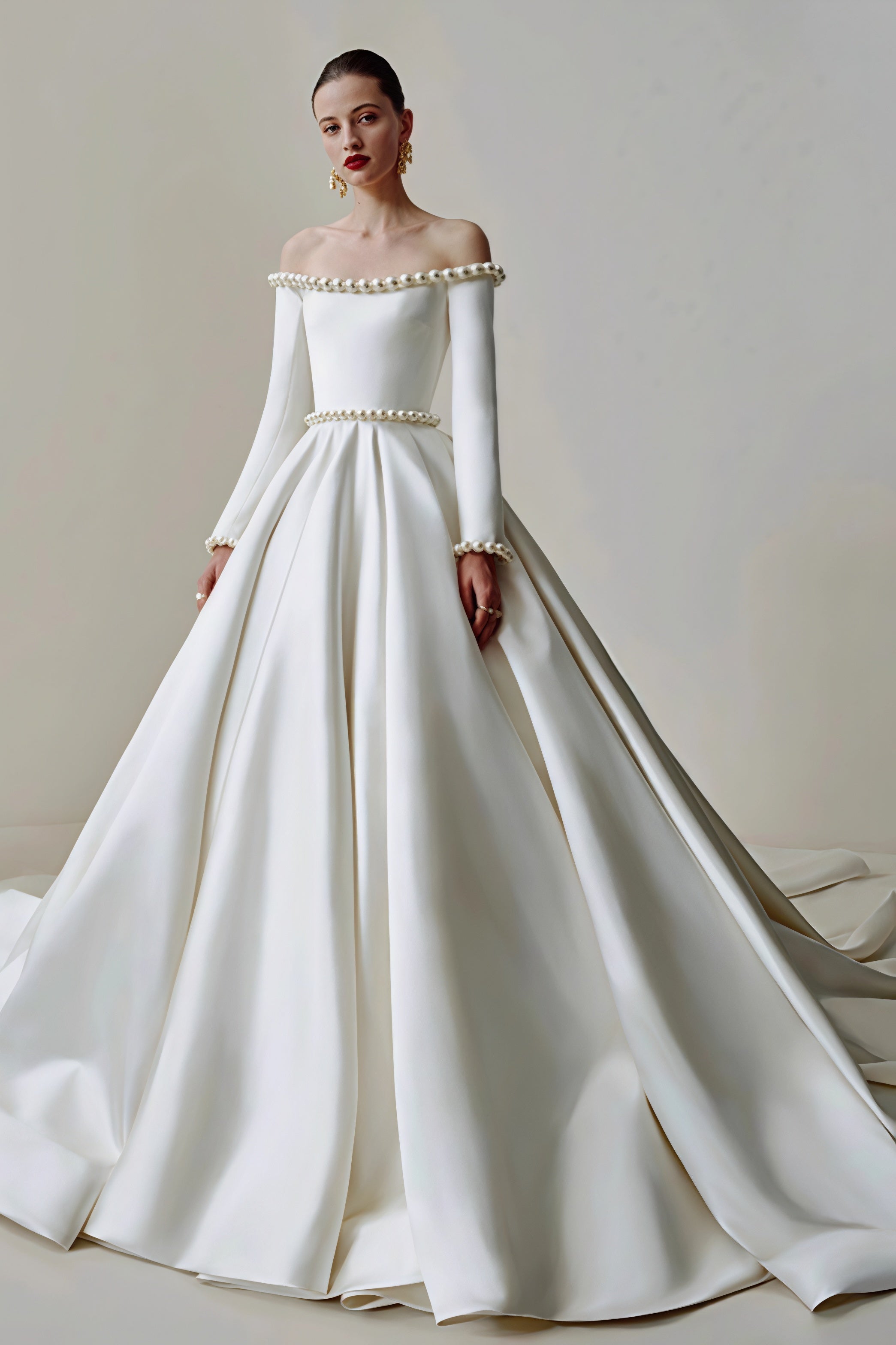 Vintage Satin Pearl Long Sleeve Off Shoulder Wedding Dress