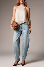 Solid Color Satin Sleeveless Lace Hem Loose Top