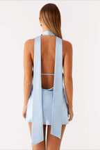 Satin Plunging V-Neck Halter Scarf Strap Backless Mini Dress