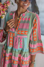 Geometric Print Bell Sleeve Tiered Smock Babydoll Mini Dress