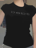 Letter Rhinestone Print Pullover Slim Short Sleeve Tee