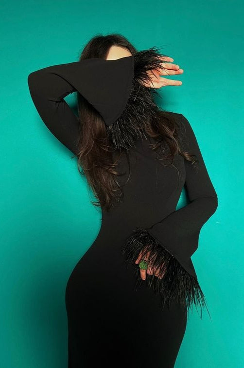 Black Feather Trim Bodycon Maxi Sweater Dress